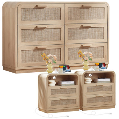 3-Piece Curved Boho Rattan Dresser and Nightstand Set, 6-Drawer Dresser and 2-Drawer Nightstands with Charging Station