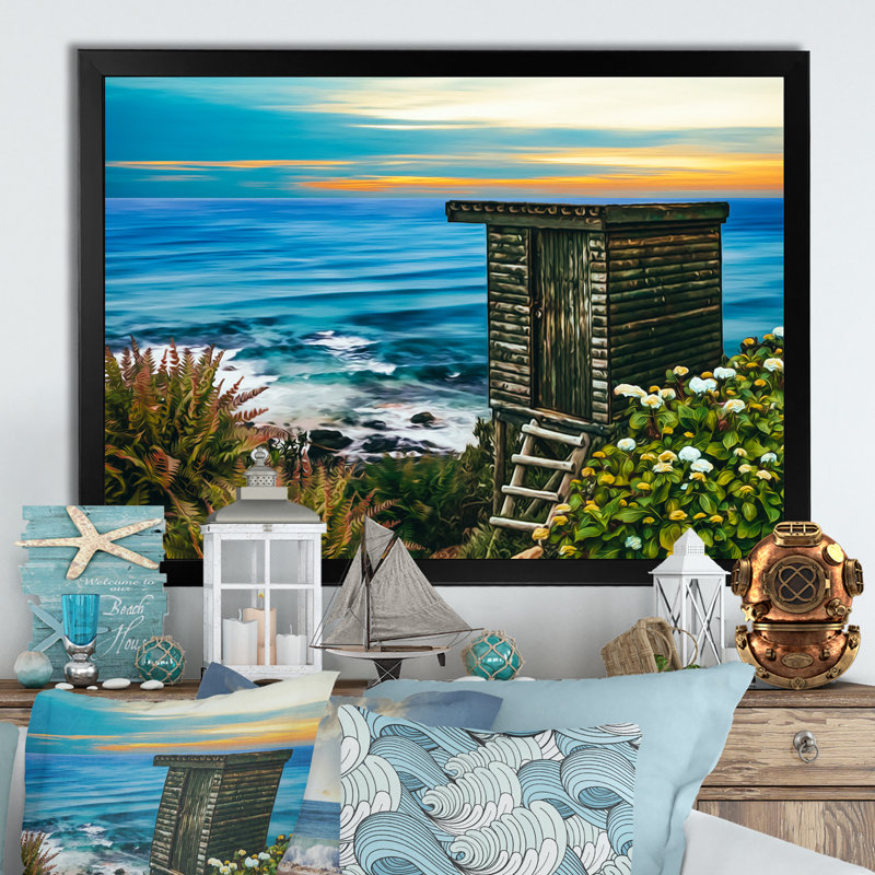 Wooden House By The Sea - reproduction sur toile, Cadre d'angle fermé noir, H 8 po x l 12 po x P 1 po