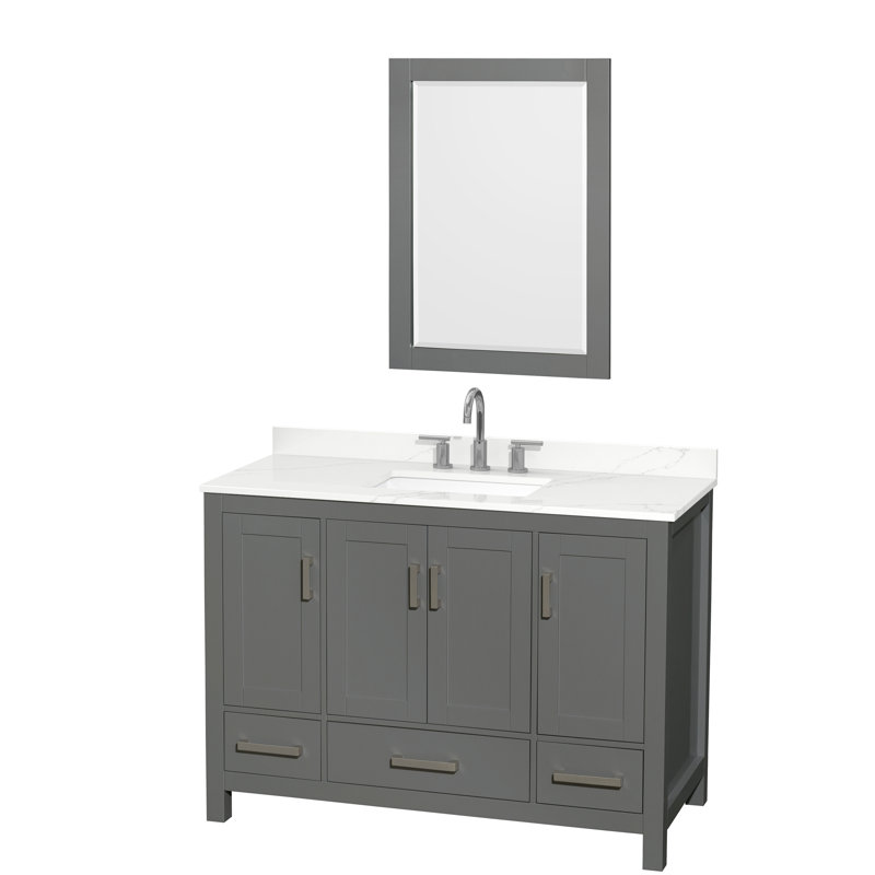 Sheffield 48" Freestanding Single Bathroom Vanity with Quartz Top with 24" Mirror, Dark Gray, White Quartz, Widespread