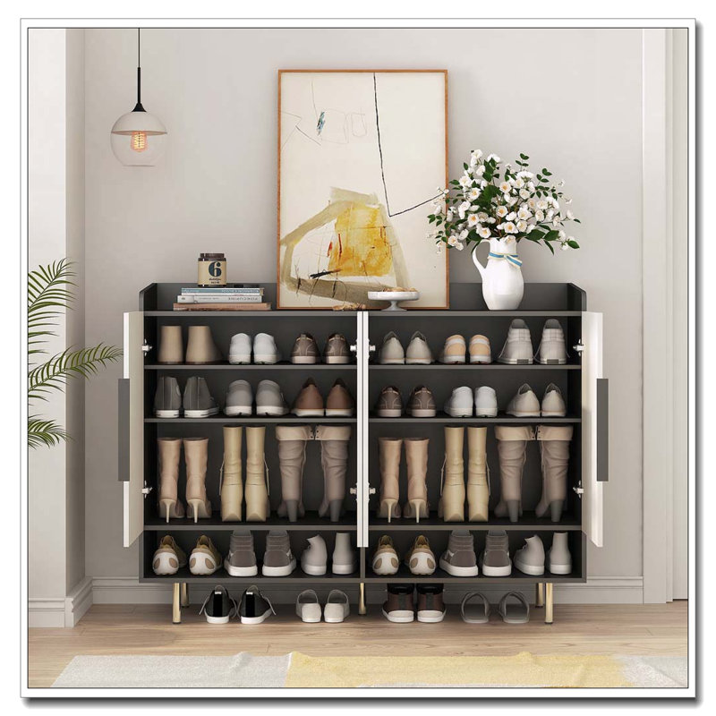 Large Modern Shoe Storage Cabinet with Adjustable Shelves, 42.11" H x 55.11" W x 14.96" D, Black/Light Yellow