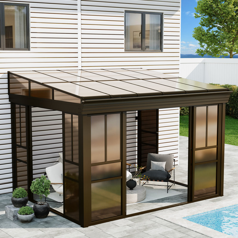 10' X 12' Sunroom Gazebo, Polycarbonate Roof Outdoor Solarium With Sliding Door & Adjustable Window Panels, Enclosed Patio Sunroom With Mesh Screens