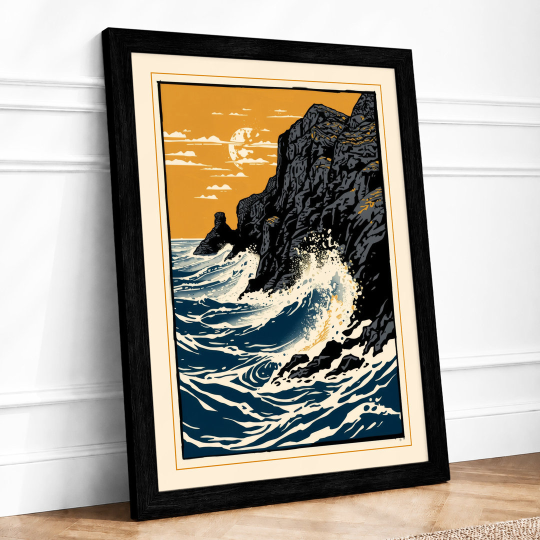 Cliff and Crashing Waves Coastal - Framed Print