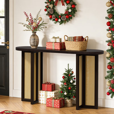 Oval Rattan Console Table - 47.8" Farmhouse Wood Sofa Table, Accent Table, Entryway Table For Hallway Or Living Room, Espresso