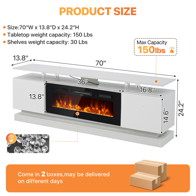 Smart Fireplace Tv Stand For 80/90 Inch Tvs, With Wi-Fi & App Control, Multi-Color Led Lights, Modern Electric Fireplace Tv Console For Living Room
