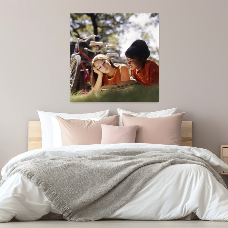 1970S Two College Women Students Lying On Grass With Books Studying Reading Classic Retro Vintage Portrait Wall Art