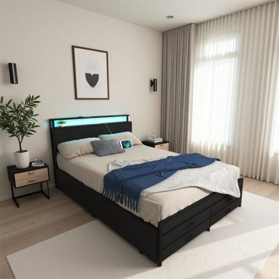 Full-size Bed Frame With 8 Storage Drawers, Led Headboard With Charging Station