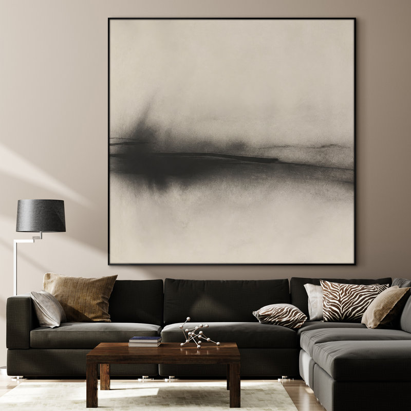 Très grande reproduction d'art sur toile - Abstrait horizon noir et beige doux pour le salon ou la chambre à coucher - «Assemblage requis du cadre (cadre non fini)»