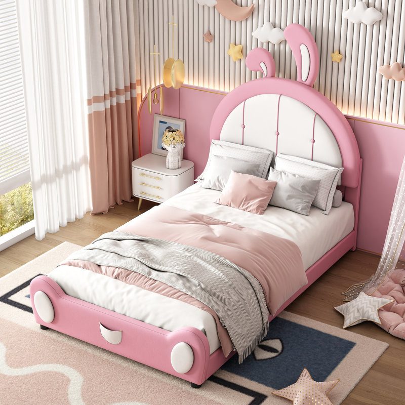 Lit plateforme tapissier simple avec tête de lit en forme de lapin, Rose/Blanc
