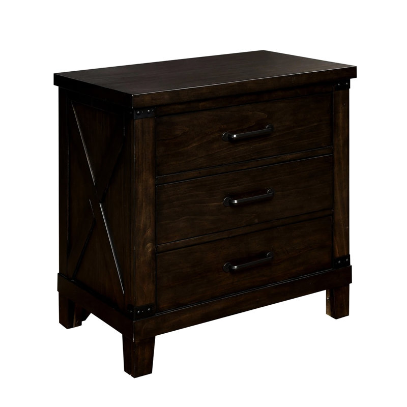 Table de chevet rustique en bois de noyer foncé avec 3 tiroirs et 3 poignées noires