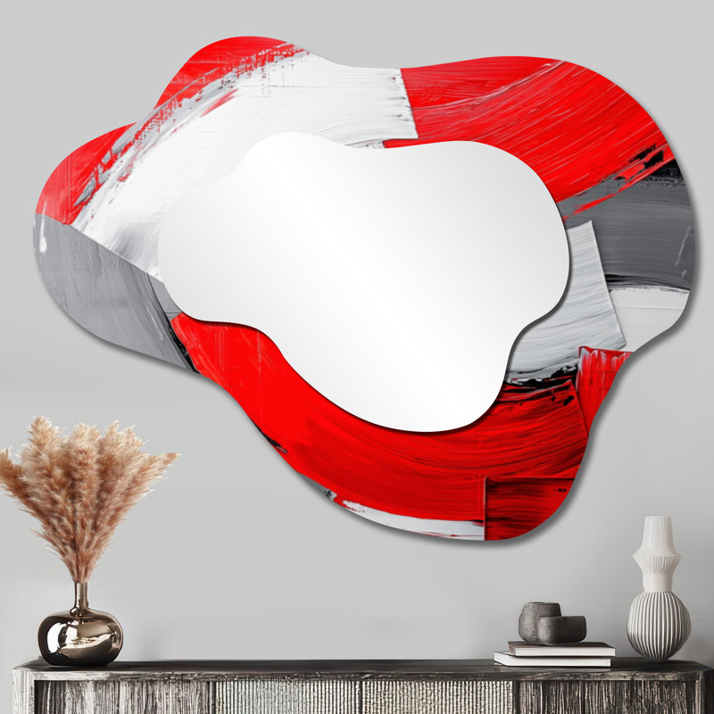 Grand miroir décoratif minimaliste irrégulier - énergie cinétique rouge et grise, impression métallique, 27 po x 35 po