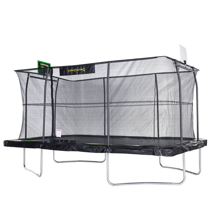 Black Rectangular Steel Trampoline with Enclosure and Basketball Hoop