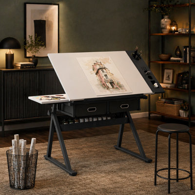 Adjustable Drawing Drafting Table Desk With 2 Drawers For Home Office And School With Stool (All White)