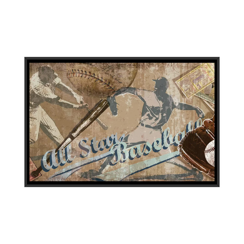 « home run », affiche rétro sur toile tendue, H 32 po x l 48 po x P 1,5 po, Toile encadrée noire, Pas de tapis