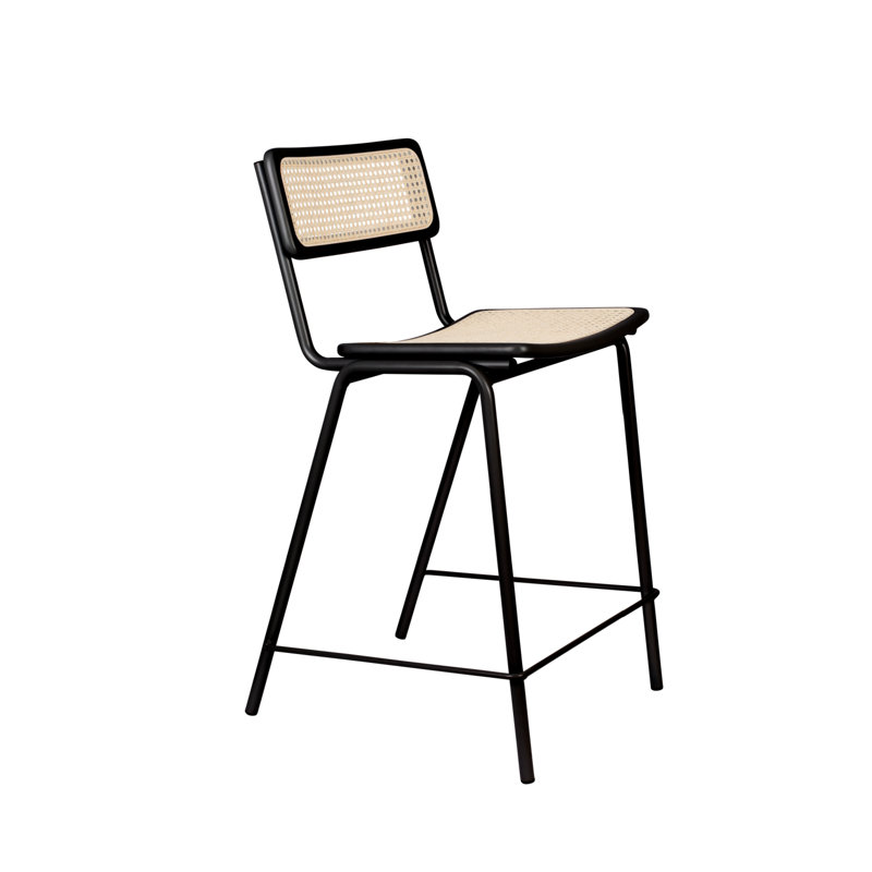 Bauhaus Inspired Black Steel and Wood Counter Stool with Rattan Seat