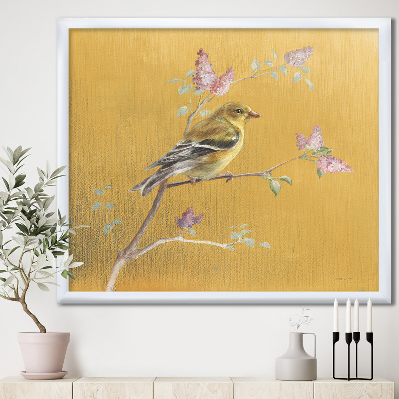 Reproduction d'art sur toile, "Oiseau doré sur fleurs", Encadrement blanc, H 30 po x l 30 po x P 1 po