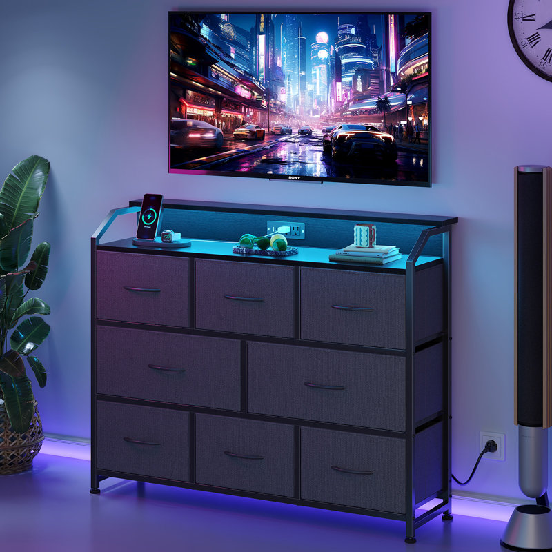 Meuble télé avec 8 tiroirs en tissu et éclairage DEL, Gris