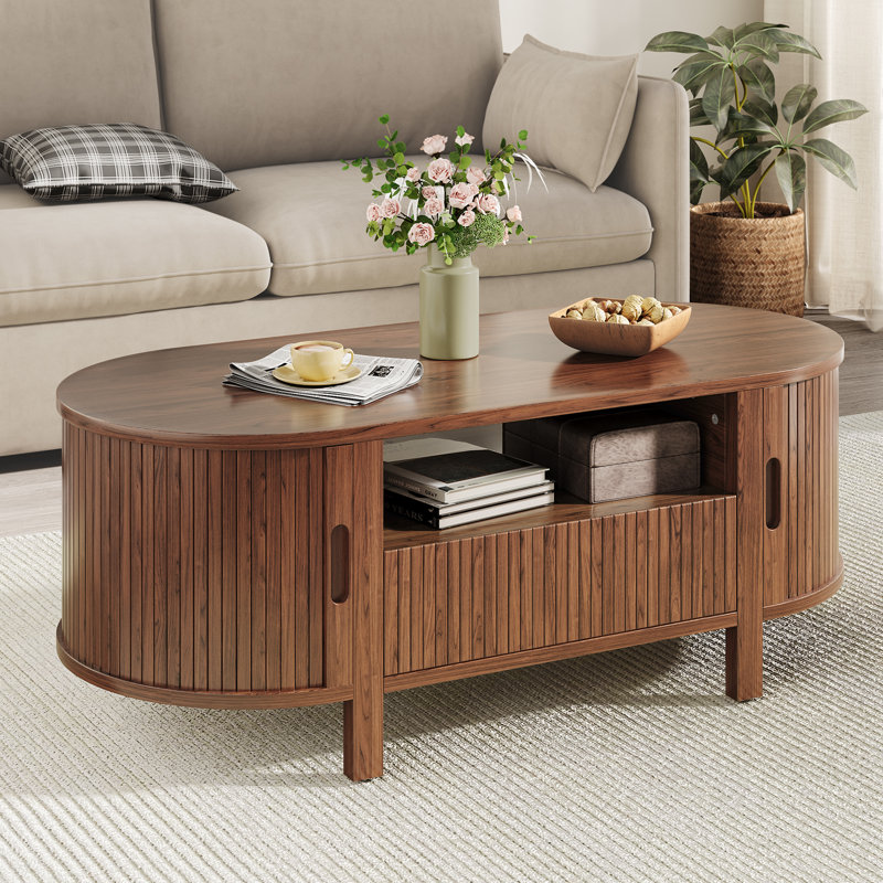47.2'' Oval Coffee Table With Storage, Fluted Accent Centre Table With Draw And Sliding Tambour Doors, Walnut