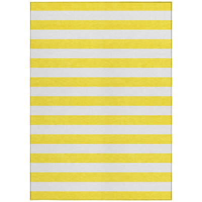 8' X 10' Yellow and White Striped Washable Indoor Outdoor Area Rug