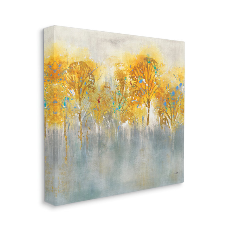 «Wooded Gray Landscape Abstraction Orange Trees» par K. Nari - Peinture, H 24 po x l 24 po x P 1,5 po, Toile tendue