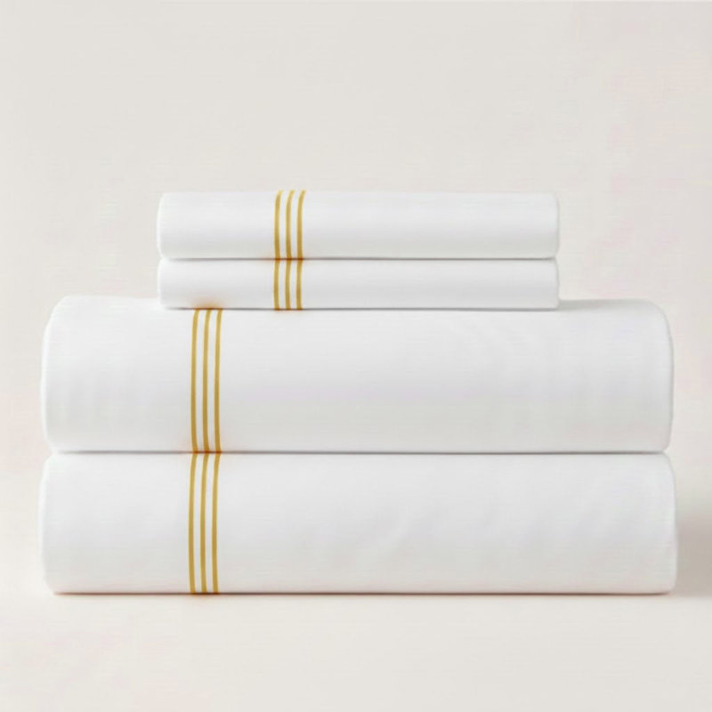 500TC Cotton Triple Embroidery Sateen Solid Cotton 4 Piece Sheet Set Fitted Sheet Fits Upto 16" Deep Pocket, Gold Border