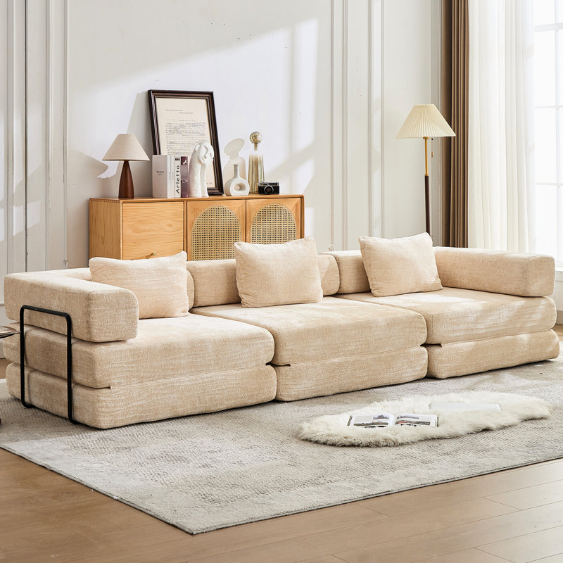 Canapé à compression, canapé-lit convertible au sol avec structure de forme fixe, canapé modulaire désossé, aucun assemblage requis, tissu chenille, pour la chambre du salon
