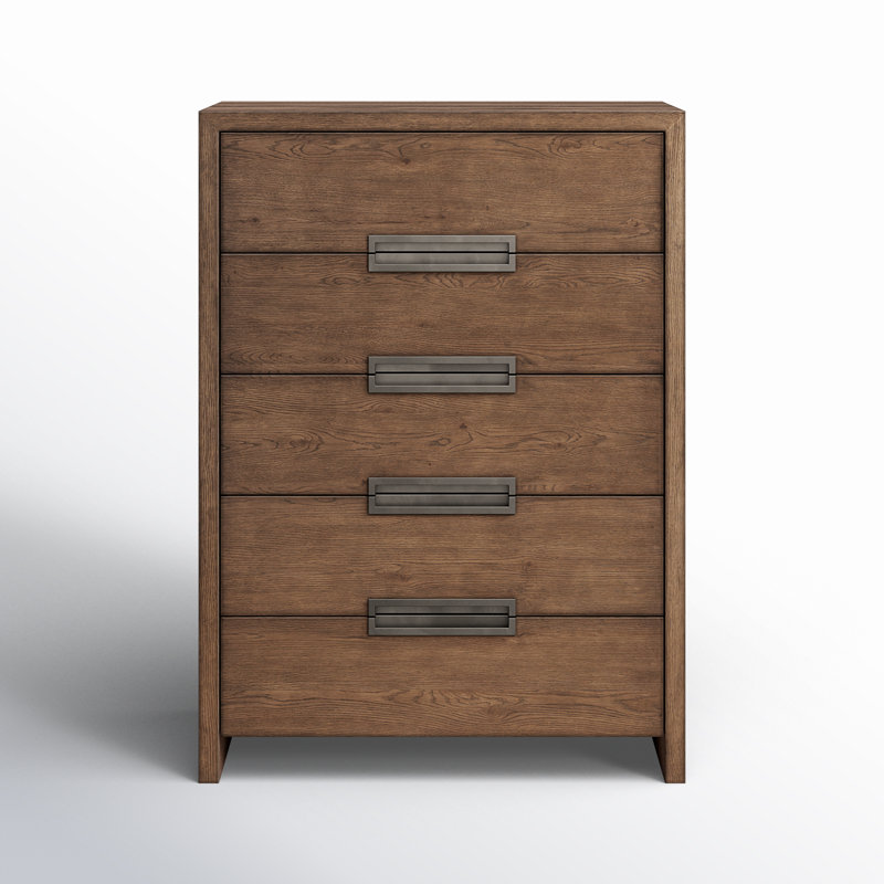 Medium Brown Oak 5-Drawer Dresser with Bronze Pulls