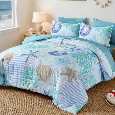 Coastal Comforter Set King Size, Beach Coral Themed Bed In A Bag, 7 Pieces Ocean Nautical Seaweed & Starfish Soft Summer Comforter Bedding Sets For All Seasons(104"×90")