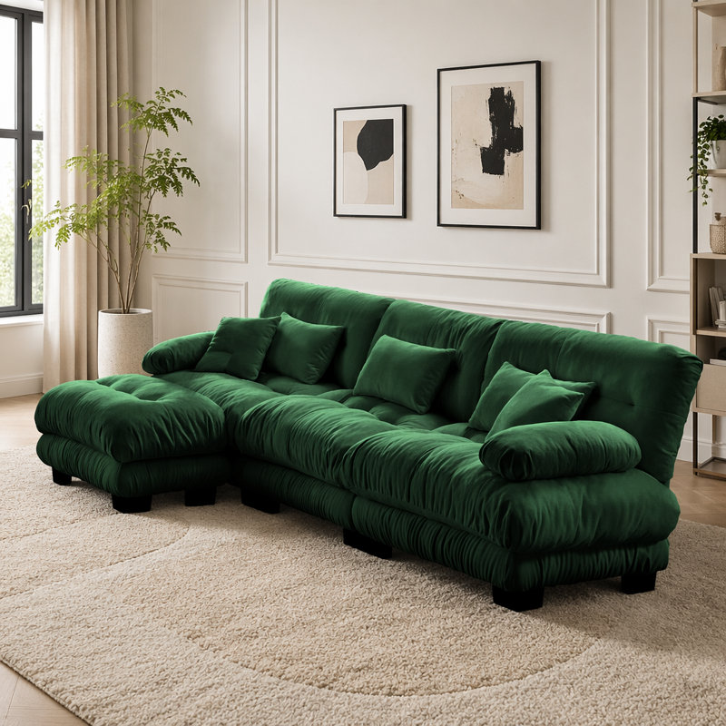 Canapé Cloud, canapé en chenille, Vert + 3 sièges + 1 fauteuil