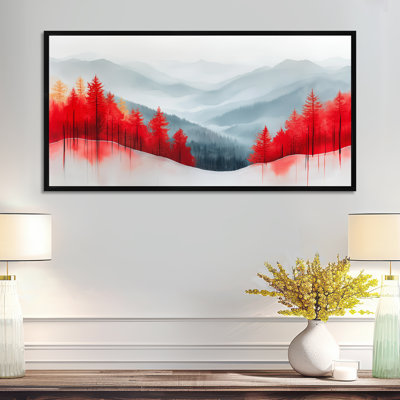«Red White Red Pine Fog Morning Drift Hills», reproduction d'art sur toile, art mural Moody