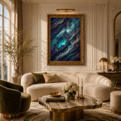 Art mural sur toile tourbillonnant avec des cristaux sarcelle et des veines dorées