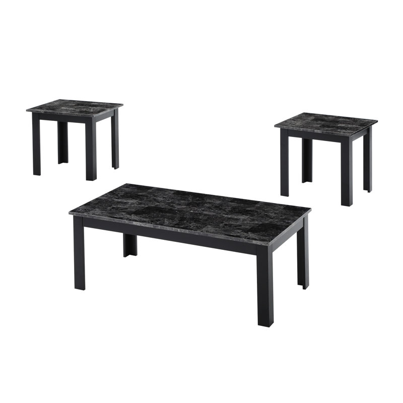 Table traditionnelle 3 pièces, tables de bout rectangulaires et carrées, dessus en faux marbre, attrait en bois gris, processus d'assemblage rapide avec flair, pieds, installation simple