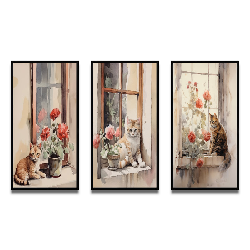 Orange Cat Sitting On Windowstill Watercolor - Animals Cat Art Set Of 3 Pieces, Cadre noir, H 28 po x l 36 po