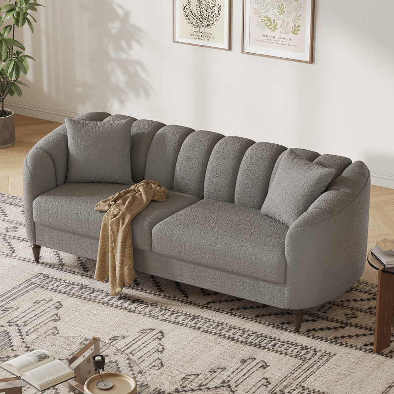 83” Modern Boucle Sofa, Minimalist Style Comfy Loveseat With 2 Pillows, Luxury 2 Seater Couch With Curved Armrest& Wooden Leg, Contemporary Home Sofa For Living Room Bedroom