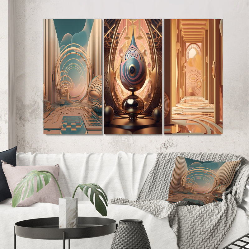«Futur Folklore Minimal Retro Architecture III», 3 pièces sur toile, Toile tendue, H 28 po x l 36 po