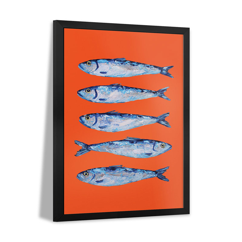 Affiches encadrées de sardines sur fond orange de qualité supérieure, H 24 po x l 16 po