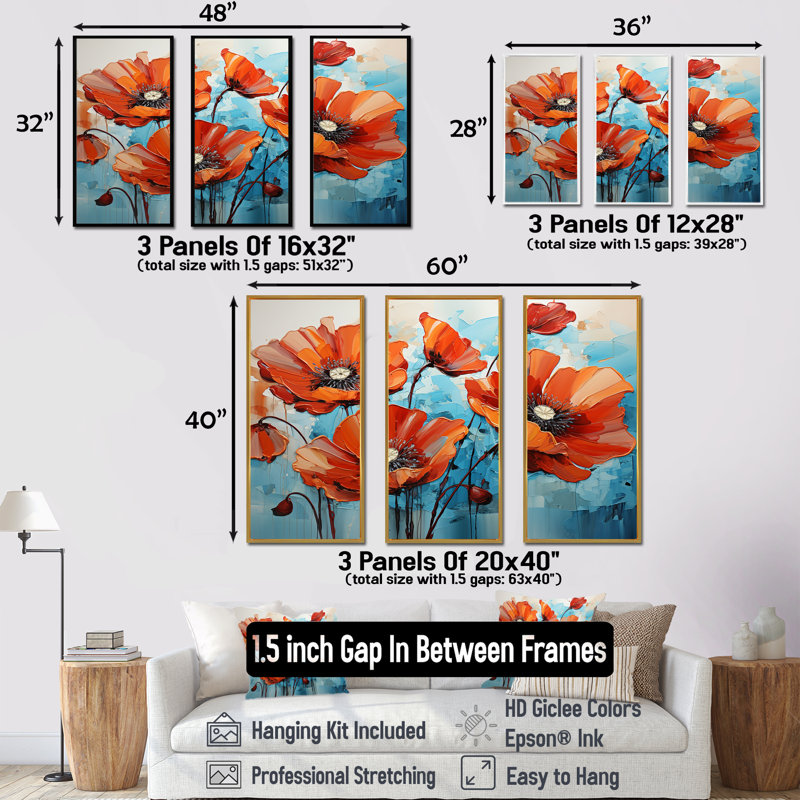 Orange et bleu «Poppy Meadow» - art mural coquelicots, Cadre flottant brun, H 28 po x l 36 po x P 1 po