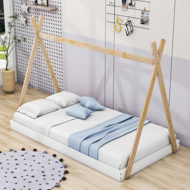 Julieta Twin Size Wood Platform Bed with Triangle Structure, White Natural