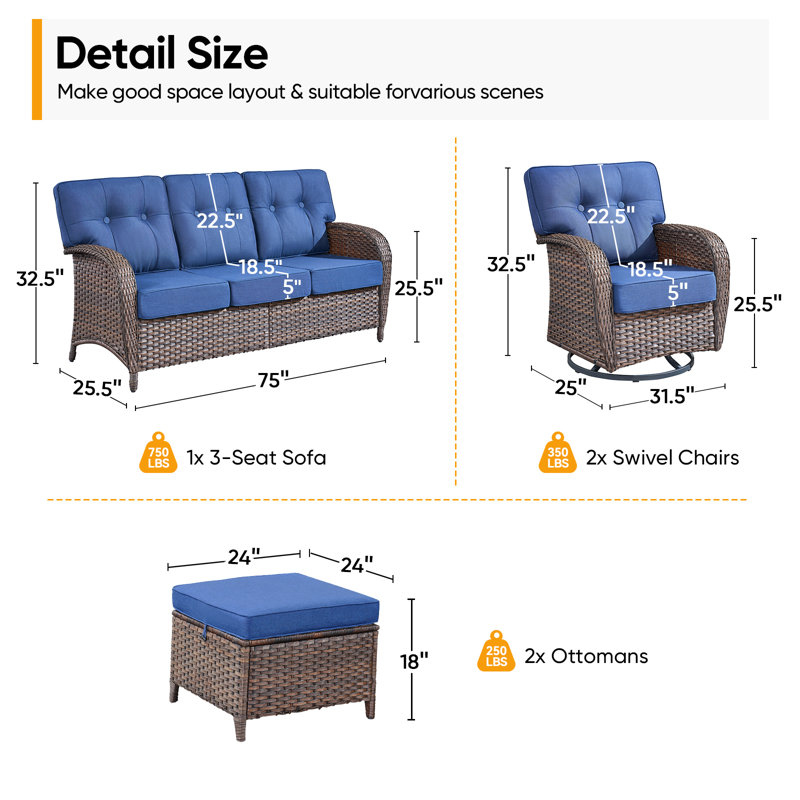 Ensemble de conversation d'extérieur en osier pour 7 personnes avec coussins et 2 chaises pivotantes Teebeck, Bleu