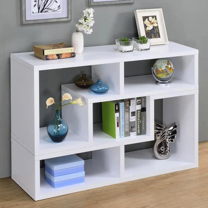 Console de télévision convertible et bibliothèque - blanc, idée de rangement asymétrique et panneau de particules fabriqué en option géométrique blanche, fabrication