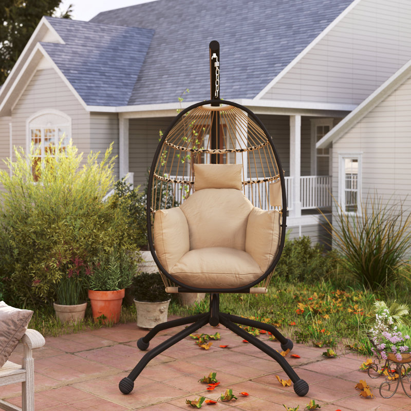 Outsunny Hanging Egg Chair with Folding Basket Thickened Cushion, Khaki
