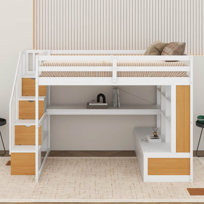 Lit mezzanine double avec bureau, tablettes et tiroirs
