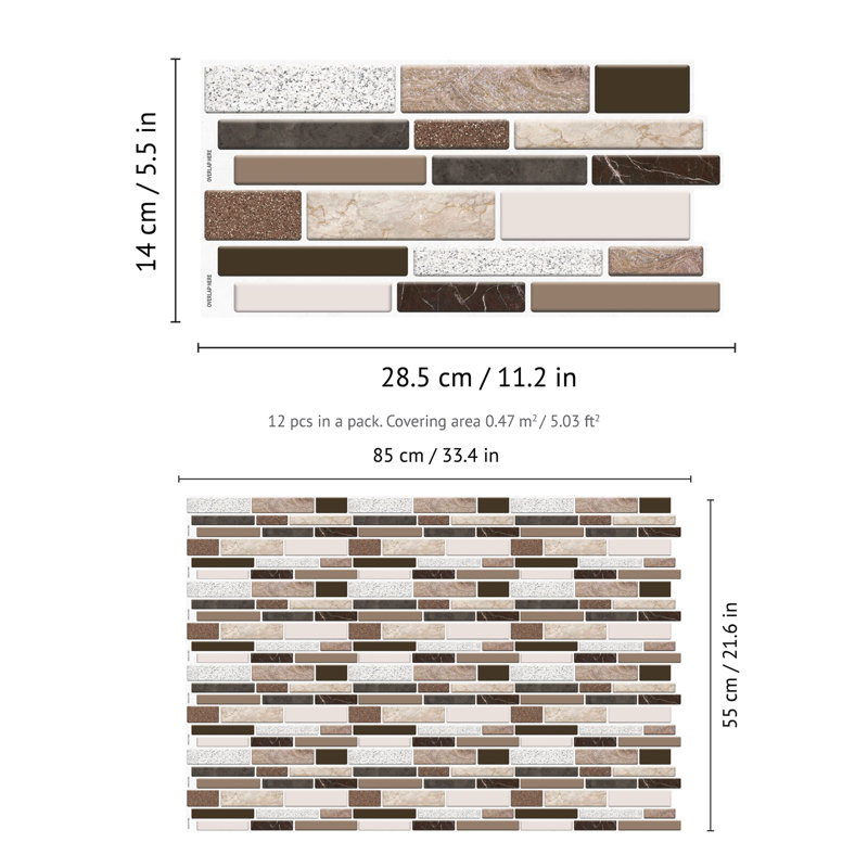 Carreau de mosaïque auto-adhésif en aluminium 33 po x 22 po, Brun / beige, 12"