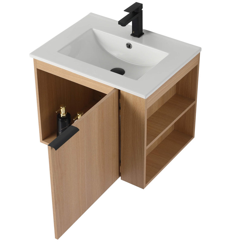 Meuble-lavabo moderne 24 po avec lavabo en céramique blanche Ebern Designs Elmridge - tablettes ouvertes à droite