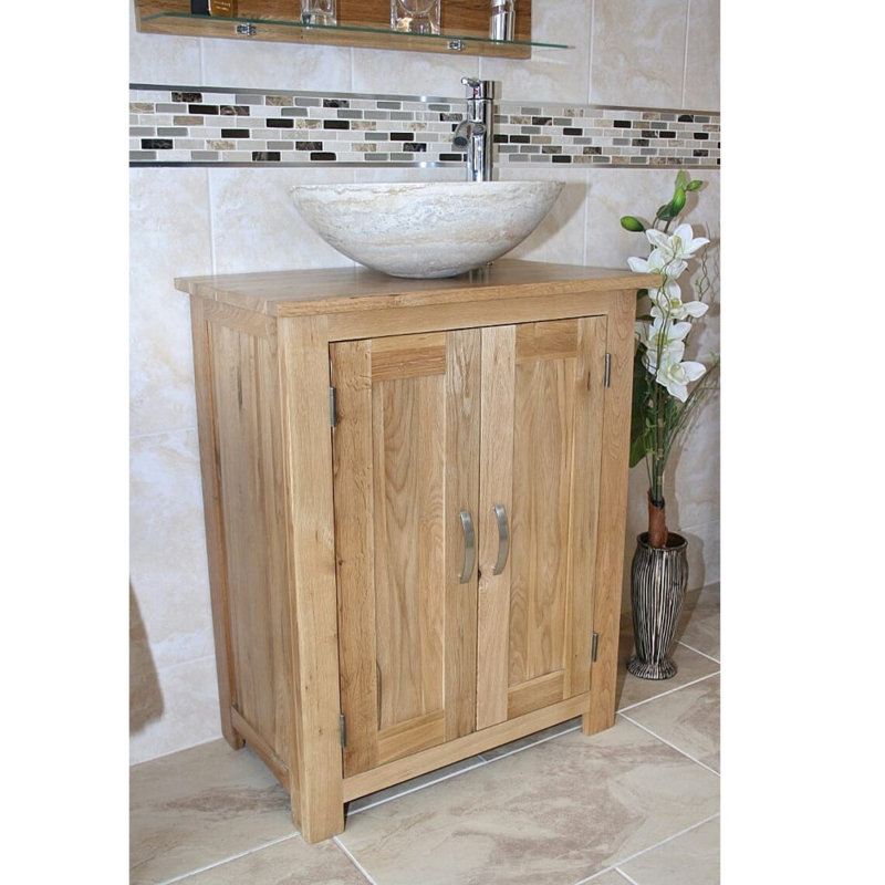 Cowen 650mm Single Bathroom Vanity with Vessel St1 Basin, Travertine, Light Wood, Oak