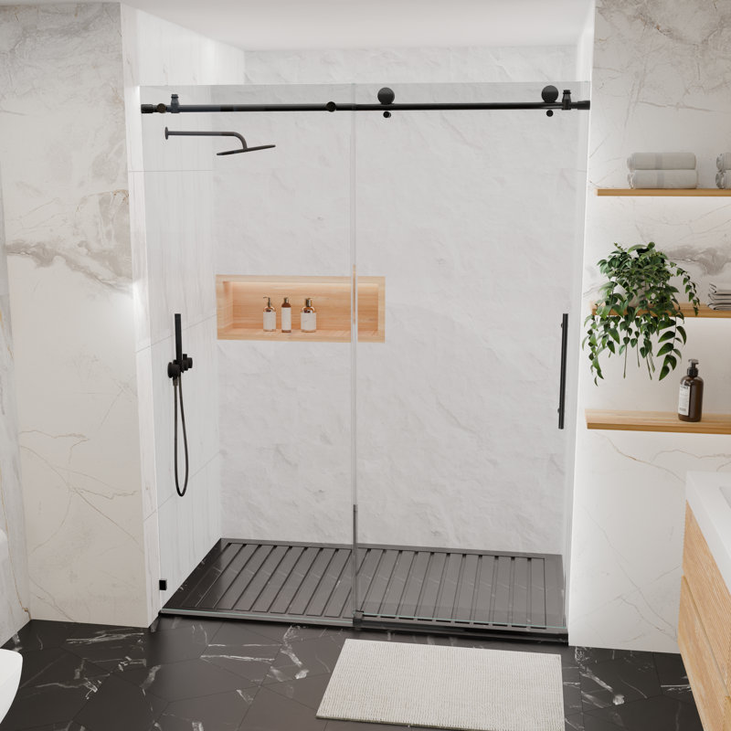 Porte de douche coulissante sans cadre avec verre trempé épais de qualité supérieure Arvalo, Noir mat