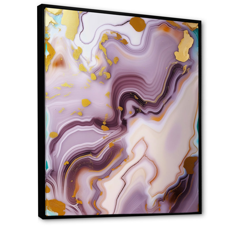 Abstractions dorées et mauves sur toile, H 20 po x l 12 po, Cadre flottant noir