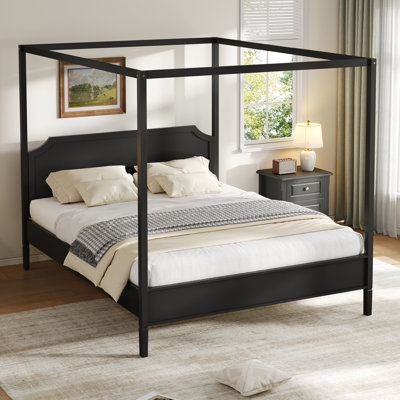 King Size Wooden Canopy Platform Bed with Headboard, Solid Wood Frame & Sturdy Support Legs,Black
