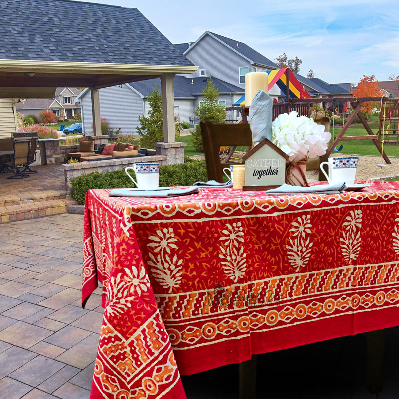 Nerses Dabu Hand Block Print 100% Cotton Tablecloth, Red