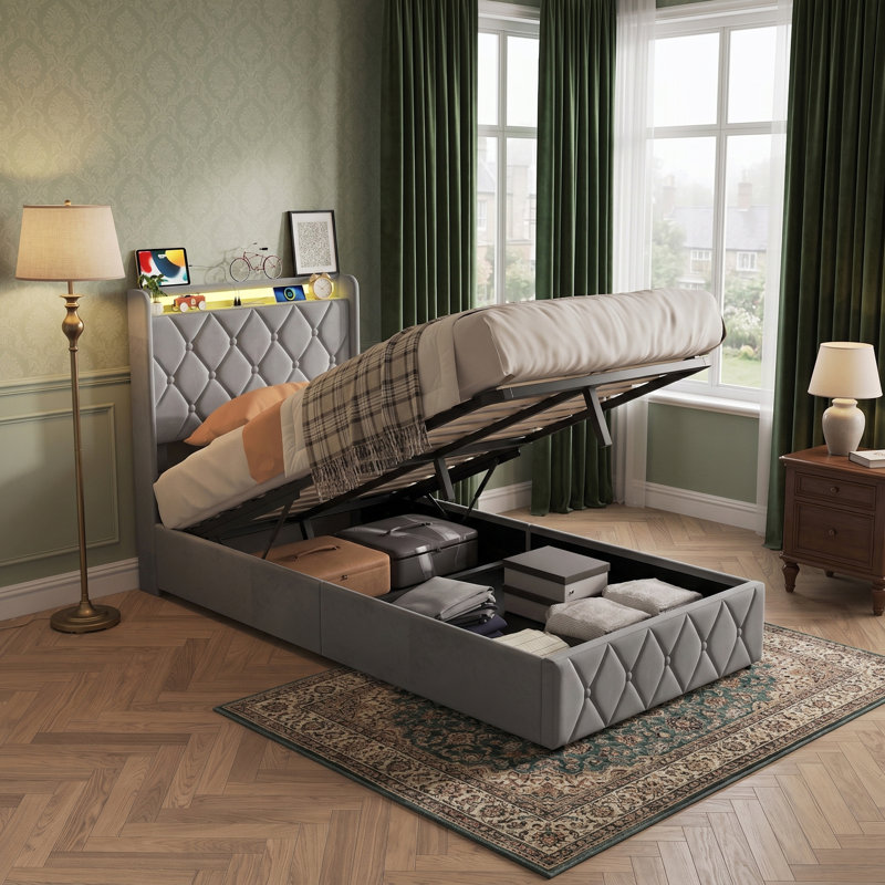Lift Up Storage Bed Frame, European Single (90 x 200 cm), Grey