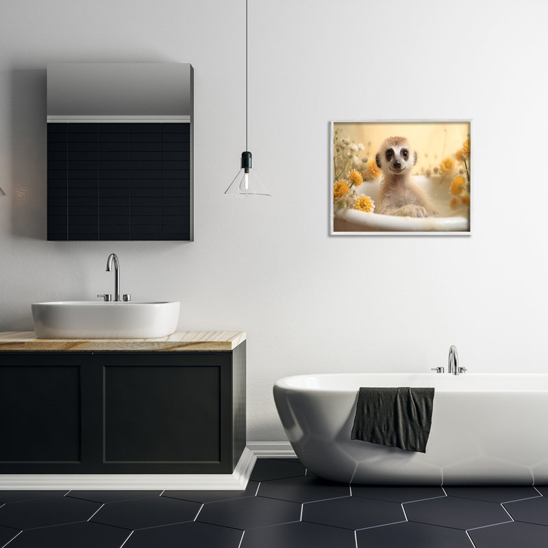 Reproduction d'art giclée encadrée de suricate et de bain par RB, Giclée encadrée blanc bord de mer, H 24 po x l 30 po